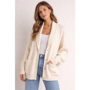 Stitches + Stripes Cream Shawl Collar Cable Knit Sleeve Cardigan Sweater Sm
